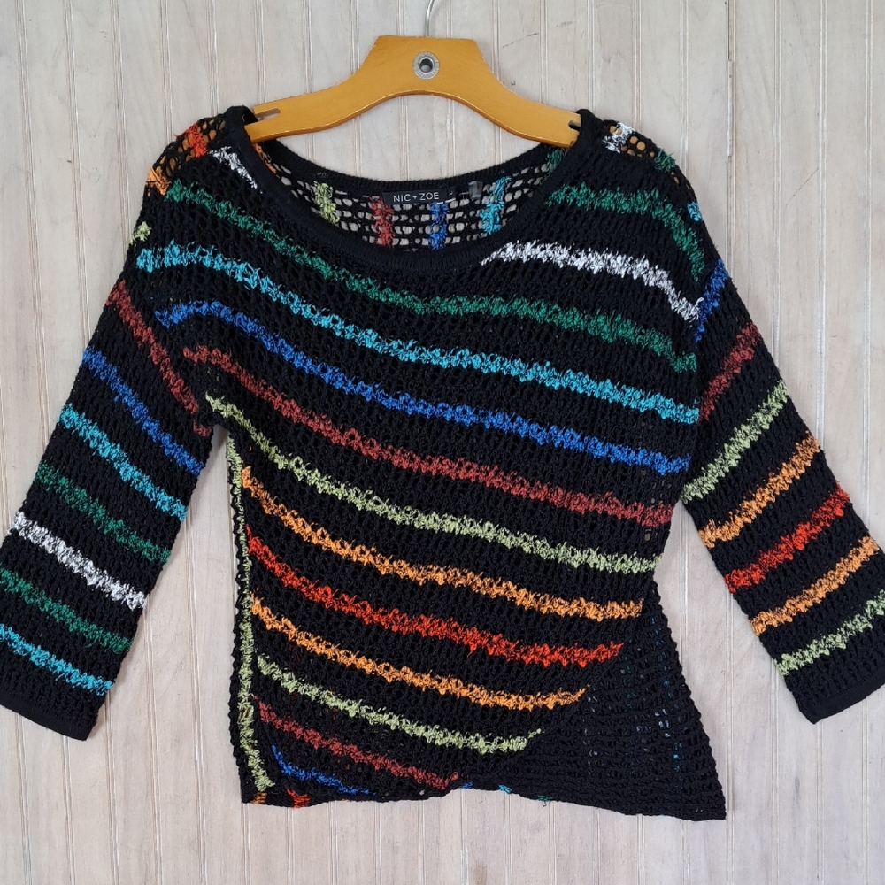 Nic + Zoe Multicolor Striped Crochet Open Knit Cropped Sweater 3/4 Sleeve